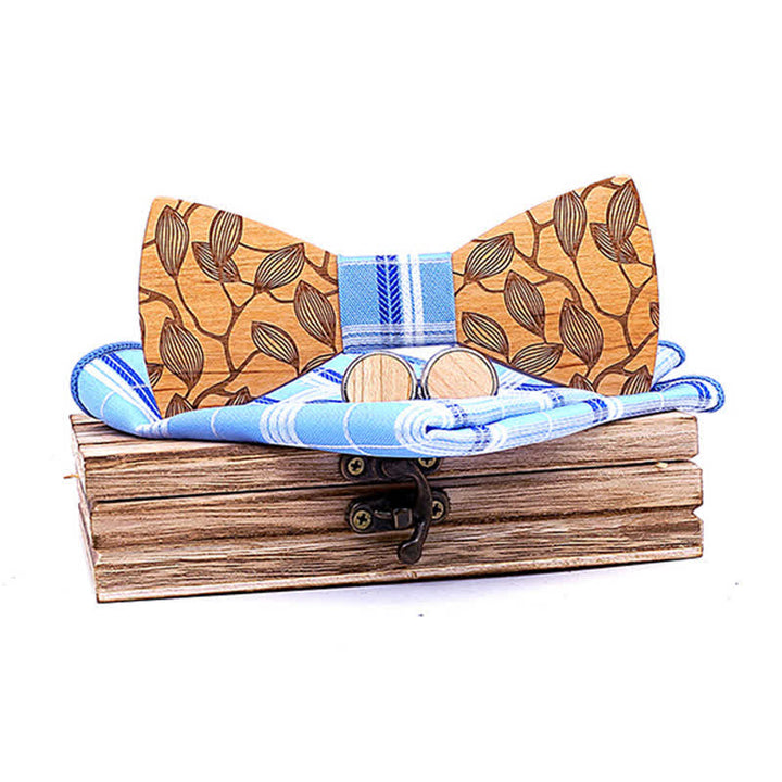 Juego de 3 pajaritas de madera con estampado de hojas para hombre