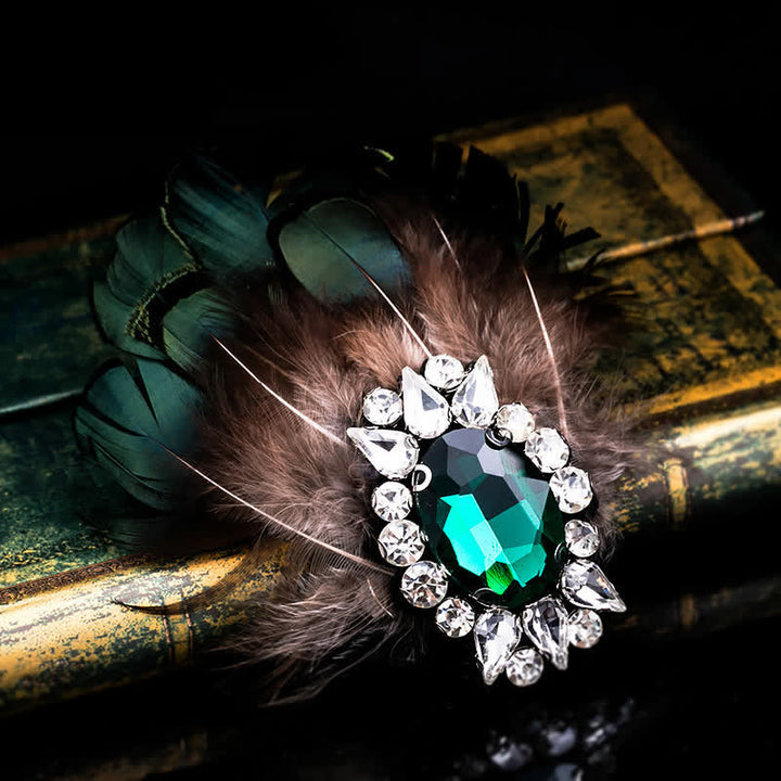 Broche de plumas de cristal verde oscuro para mujer