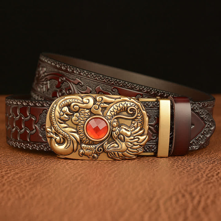 Cinturón de cuero con piedras preciosas y dragón grabado para hombre