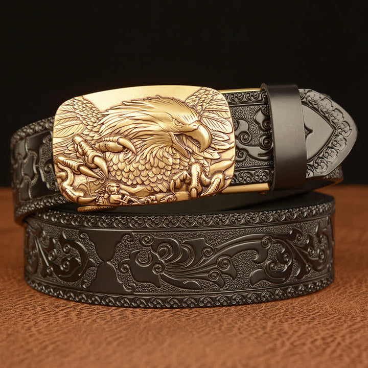 Cinturón de cuero genuino con relieve y hebilla de águila para hombre
