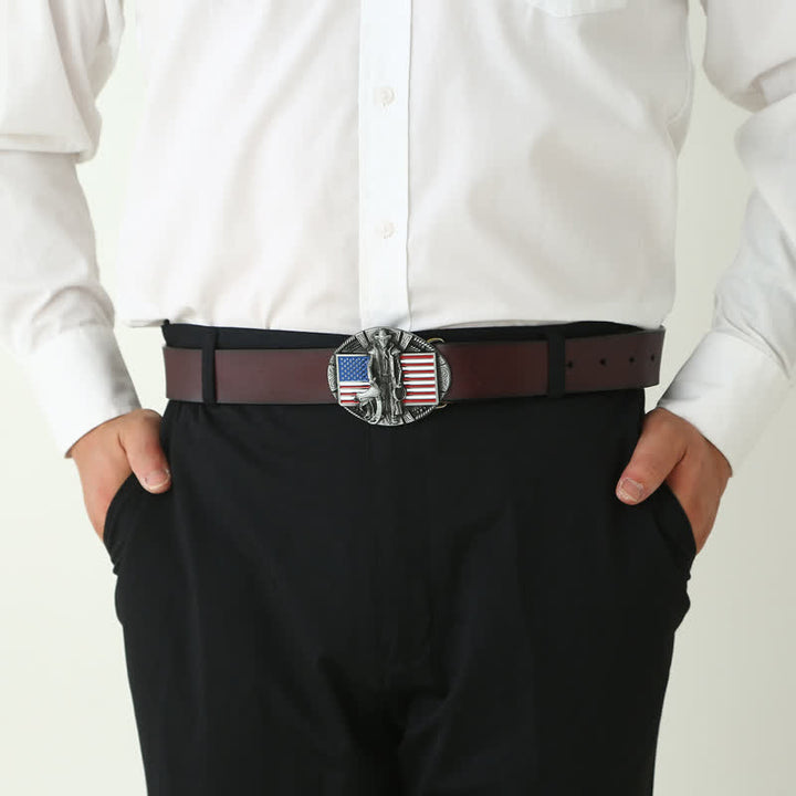 Cinturón de cuero con hebilla de vaquero con bandera estadounidense para hombre, hecho a mano