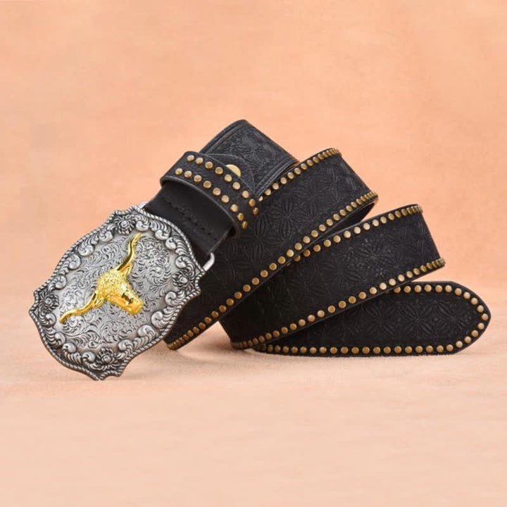Cinturón de cuero de toro longhorn dorado con remaches punk para hombre