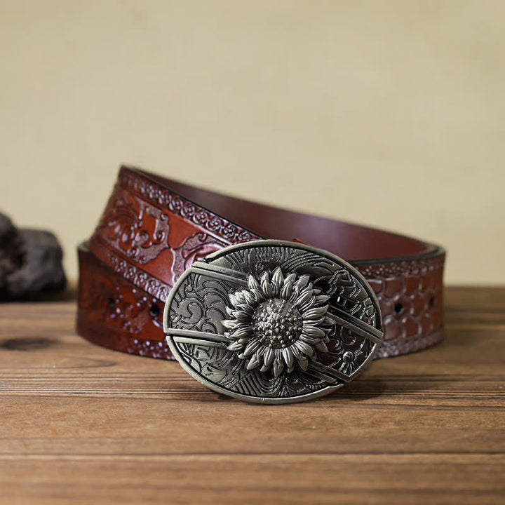 Cinturón de cuero con cuchillo plegable oculto de girasol para hombre