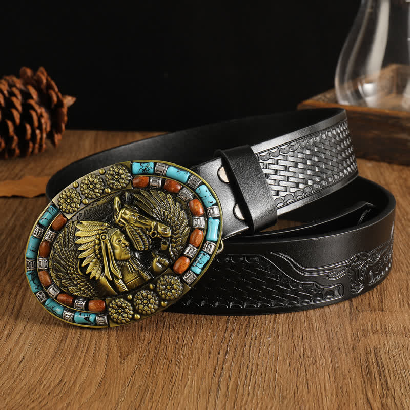 Cinturón de cuero turquesa con diseño bohemio indio para hombre
