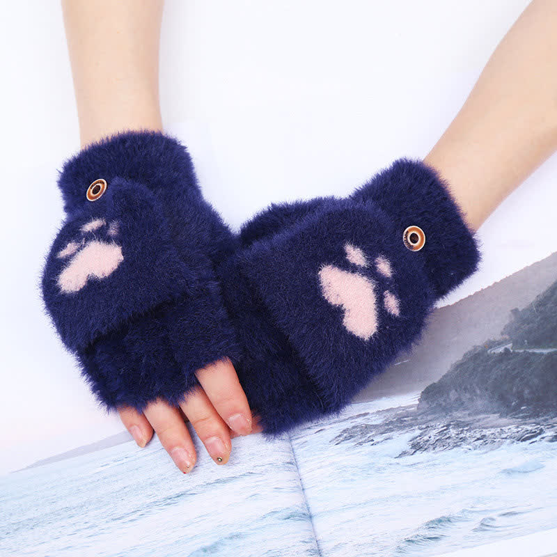 Guantes cálidos y ponjosos con estampado de pata de gato para mujer