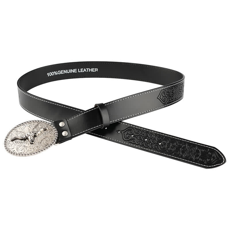 Cinturón de cuero para jeans con pluma grabada de toro para hombre