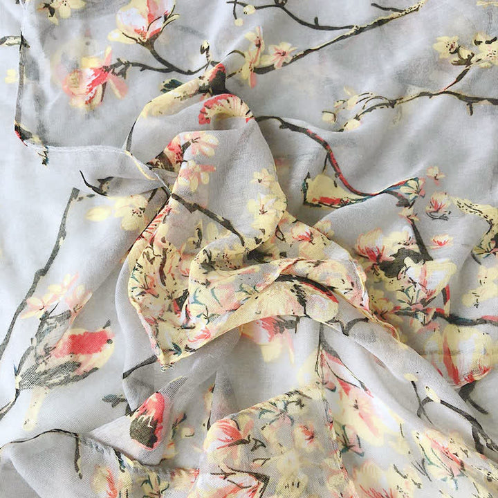 Bufanda ligera con estampado de pájaros y flores para mujer