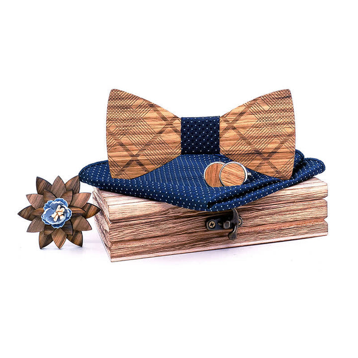 Juego de 4 pajaritas clásicas de madera a cuadros para hombre