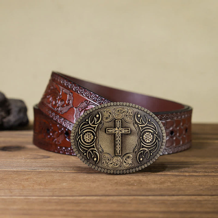 Cinturón de cuero con hebilla floral y cruz de fe para hombre, hecho a mano