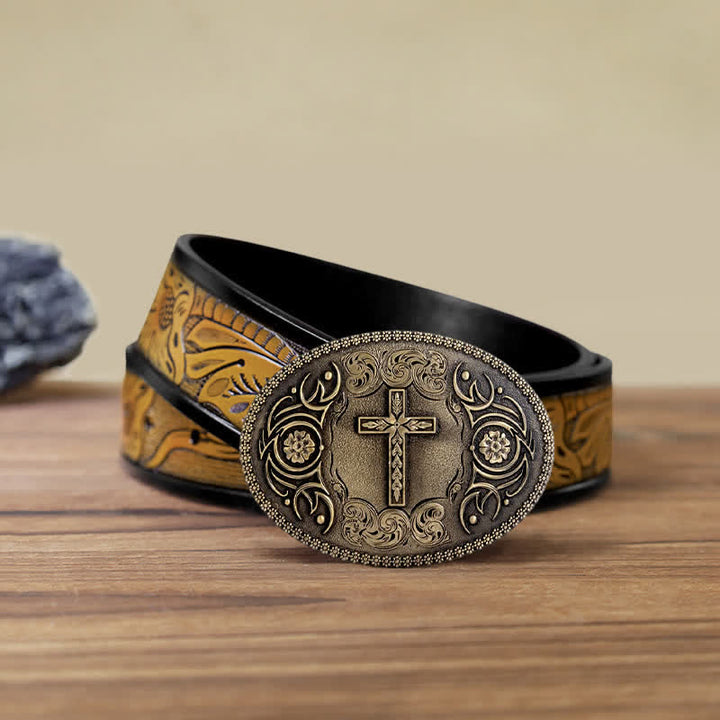 Cinturón de cuero con hebilla floral y cruz de fe para hombre, hecho a mano