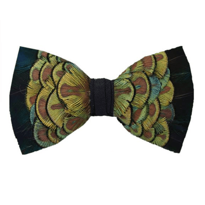 Pajarita de plumas de ganso de color verde amarillo y negro