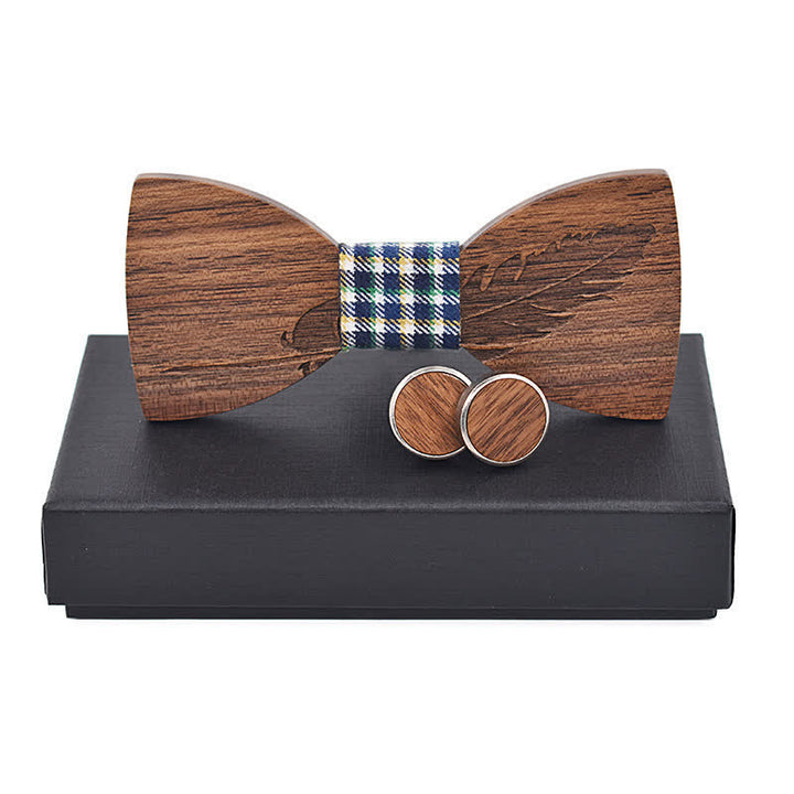 Juego de 2 pajaritas de madera con grabado de plumas para hombre