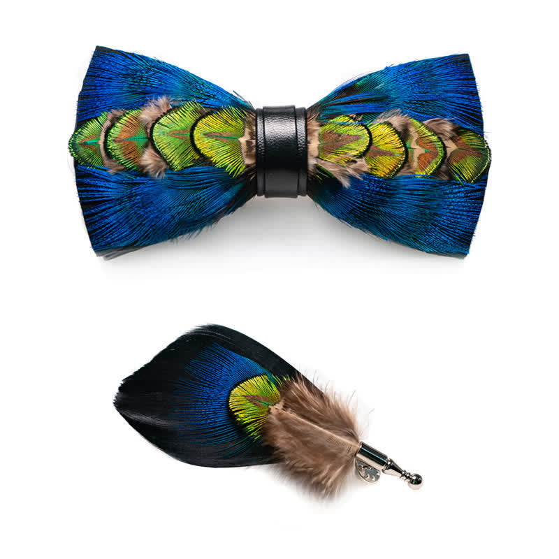 Pajarita de plumas azul y verde-amarilla para niños con prendedor de solapa