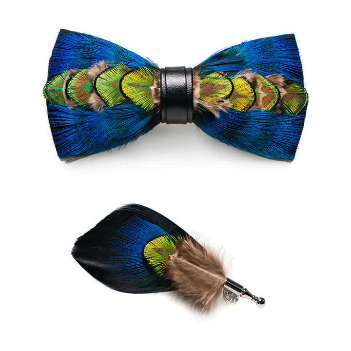 Pajarita de plumas azul y verde-amarilla para niños con prendedor de solapa