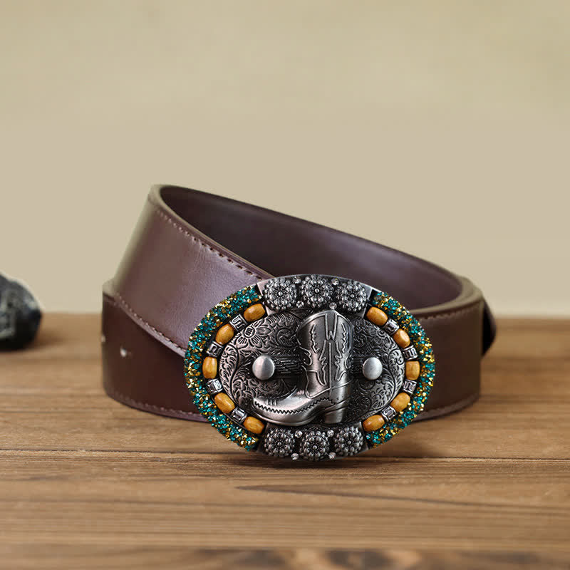 Cinturón de cuero con hebilla para botas de hombre, con cuentas de madera y diamantes de imitación, hecho a mano