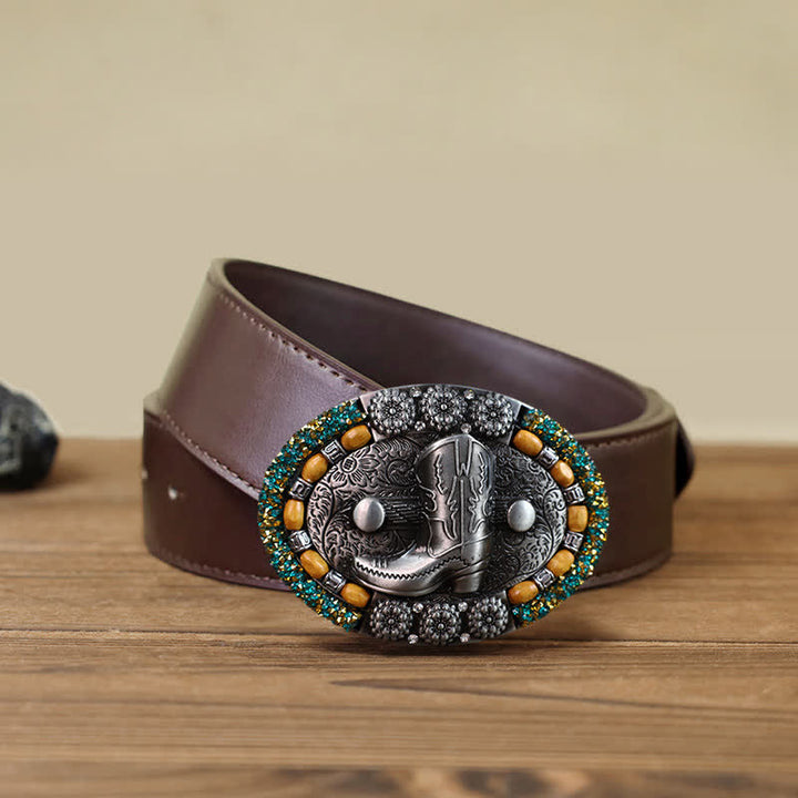 Cinturón de cuero con hebilla para botas de hombre, con cuentas de madera y diamantes de imitación, hecho a mano