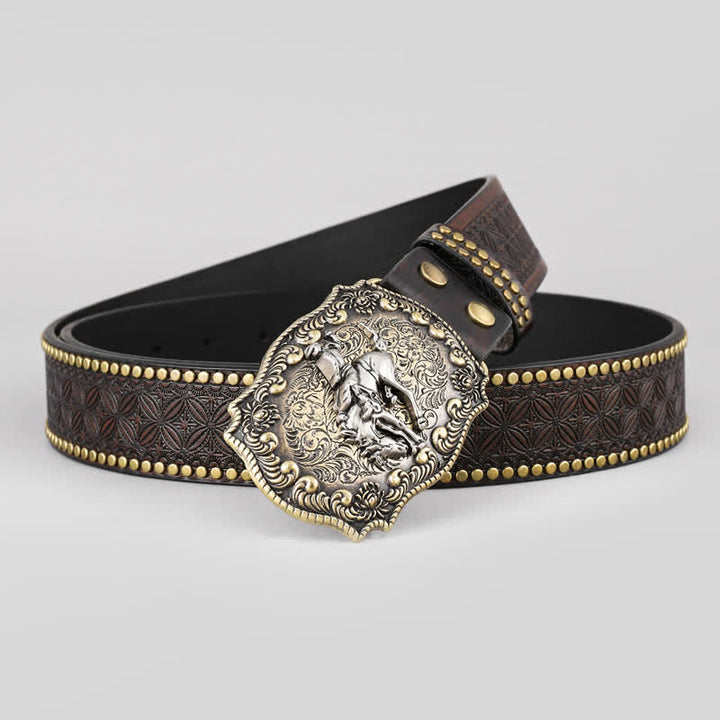 Cinturón de cuero con estampado floral de caballo para hombre