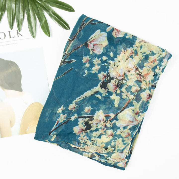 Bufanda ligera con estampado de pájaros y flores para mujer