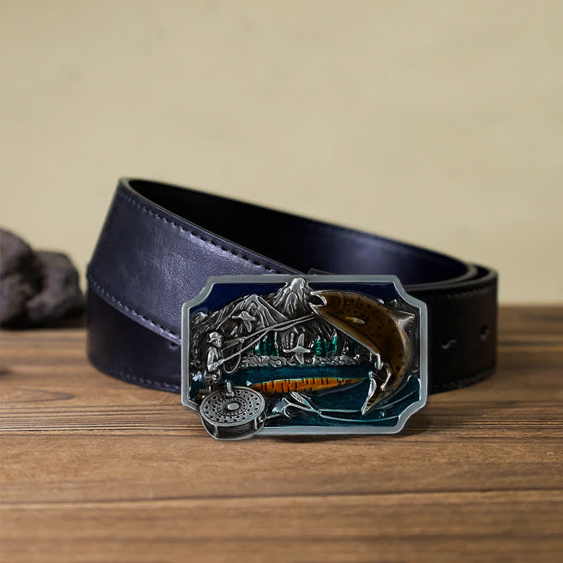 Cinturón de cuero con hebilla rectangular esmaltada para pesca, hecho a mano, para hombre