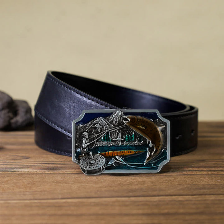 Cinturón de cuero con hebilla rectangular esmaltada para pesca, hecho a mano, para hombre