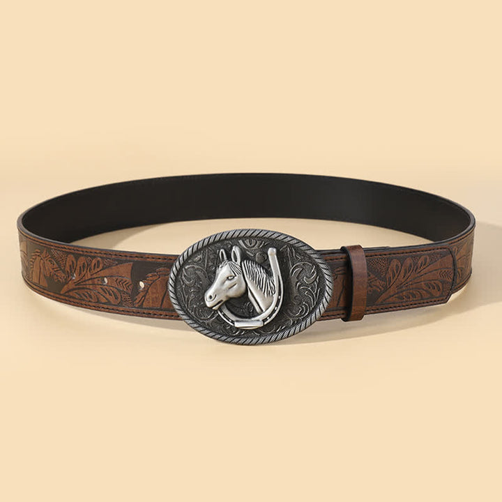 Cinturón de cuero con estampado en relieve de cabeza de caballo marrón para hombre