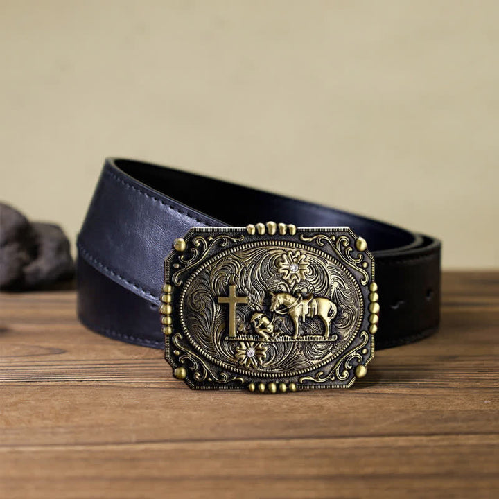 Cinturón de cuero con hebilla de oración de rodillas con cruz de caballo para hombre hecho a mano