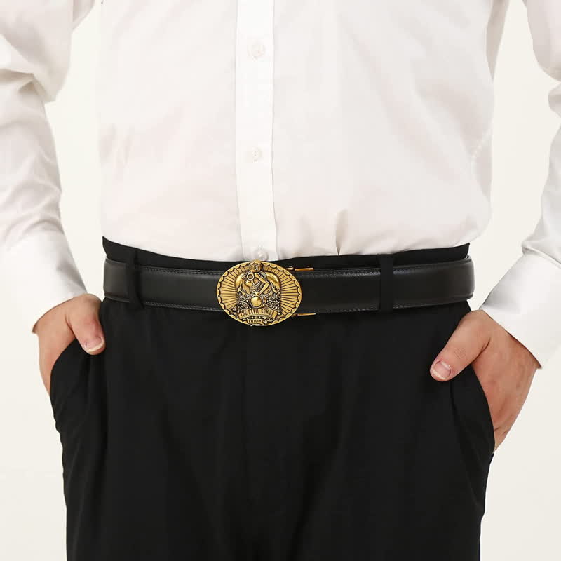 Cinturón de cuero con hebilla automática The Devil Comes Smiling para hombre, hecho a mano