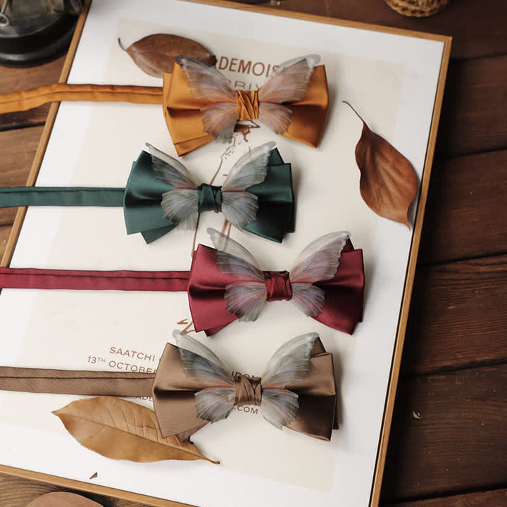 Conjunto de pajarita y pañuelo de bolsillo de organza vintage con mariposas para hombre