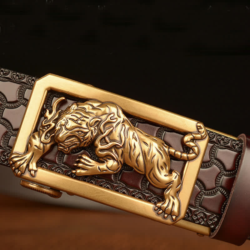 Cinturón de cuero con estampado floral y hebilla de tigre para hombre