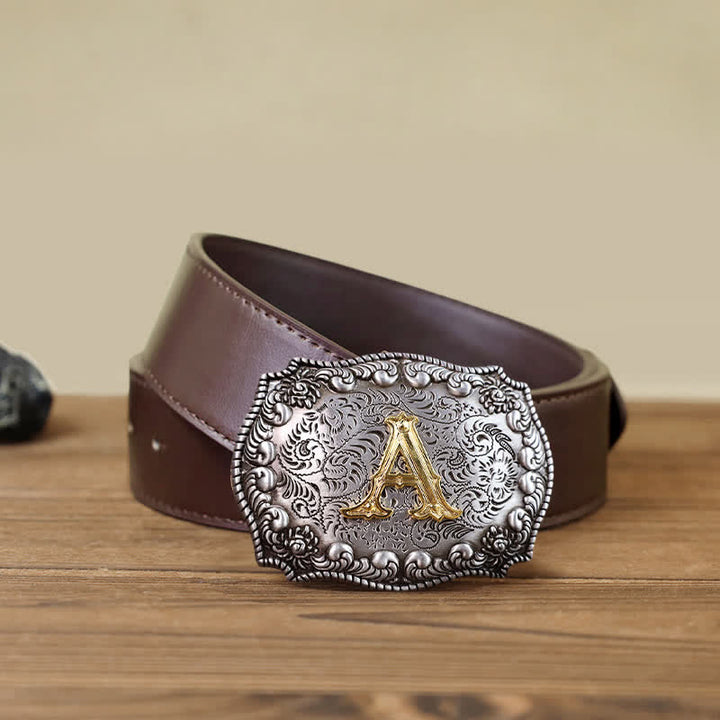 Cinturón de cuero con hebilla con letras iniciales del alfabeto para hombre