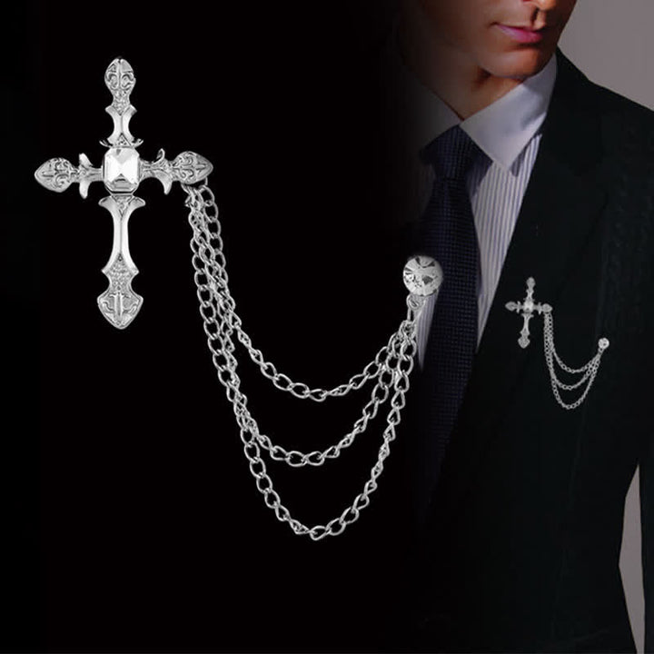 Broche clásico de cadena con cristales en forma de cruz para hombre