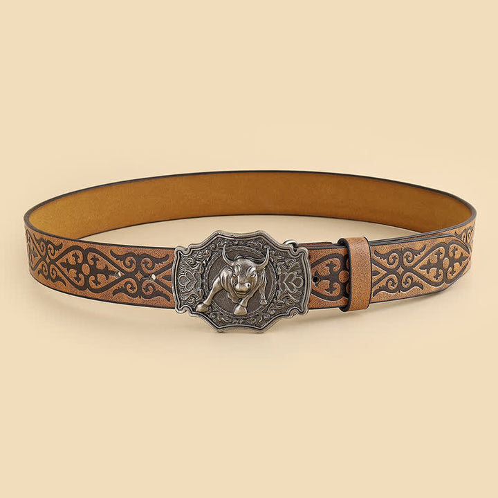Cinturón de cuero con grabado floral de toro Yak Matador para hombre