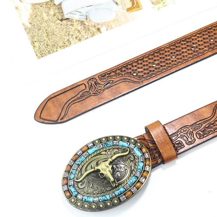 Cinturón de cuero de toro turquesa estilo vaquero occidental para hombre