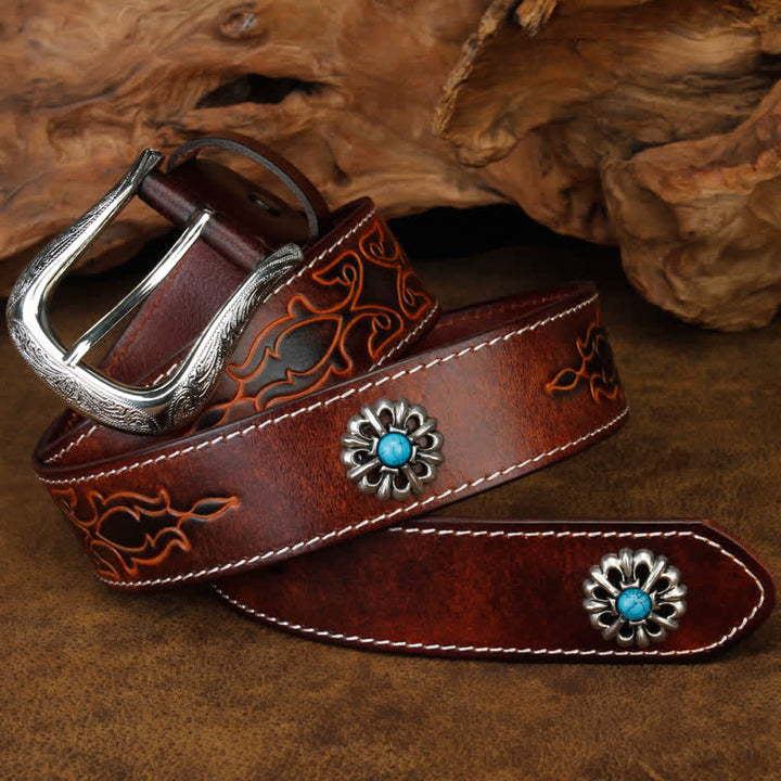 Cinturón unisex de cuero con flor turquesa marrón retro