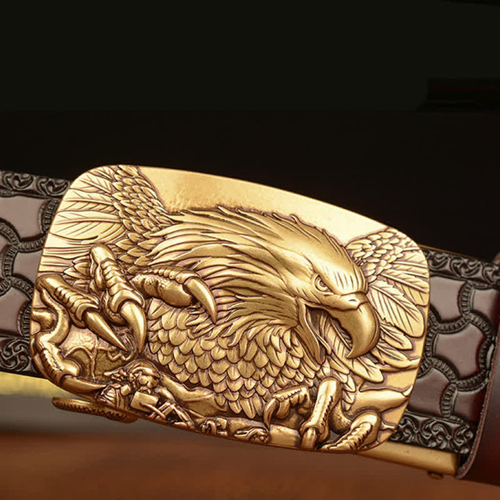 Cinturón de cuero genuino con relieve y hebilla de águila para hombre