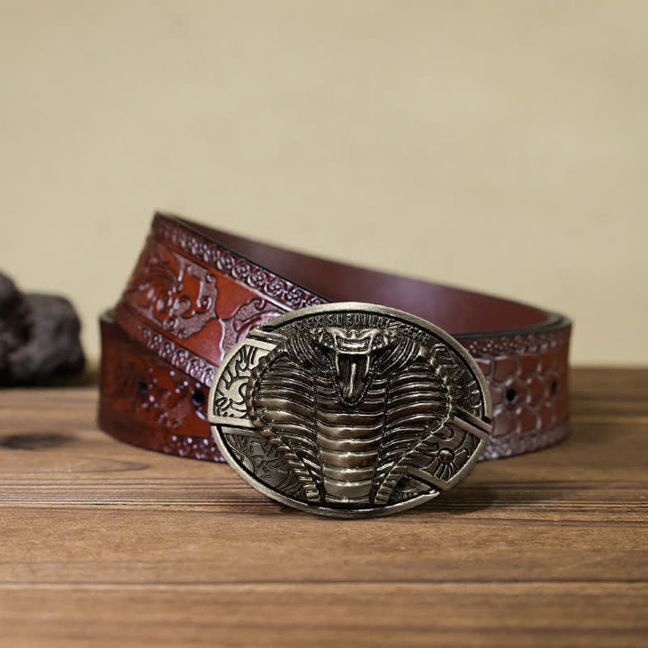Cinturón de cuero con cuchillo plegable oculto de cobra venenosa para hombre