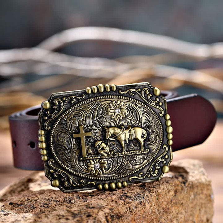 Cinturón de cuero con hebilla de oración de rodillas con cruz de caballo para hombre hecho a mano