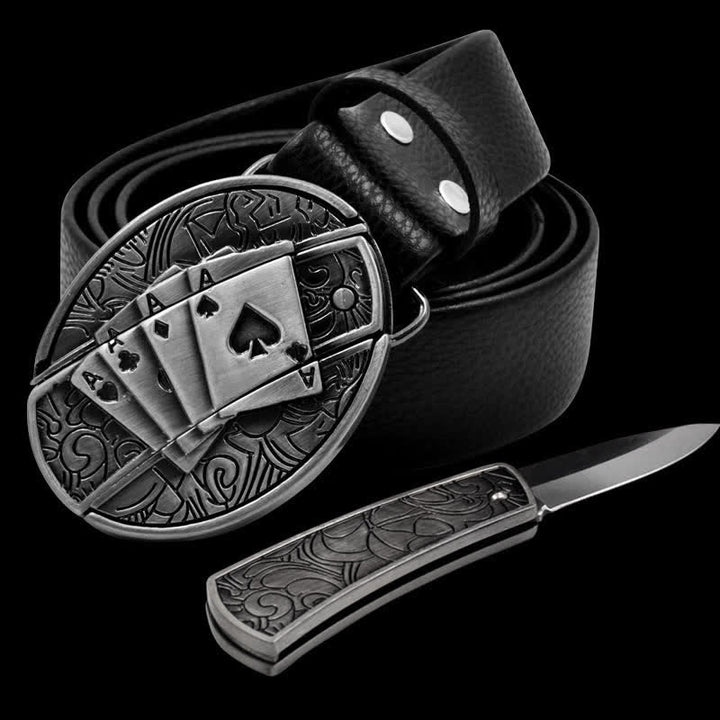 Cinturón de cuero con navaja plegable Poker 4 Ace para hombre