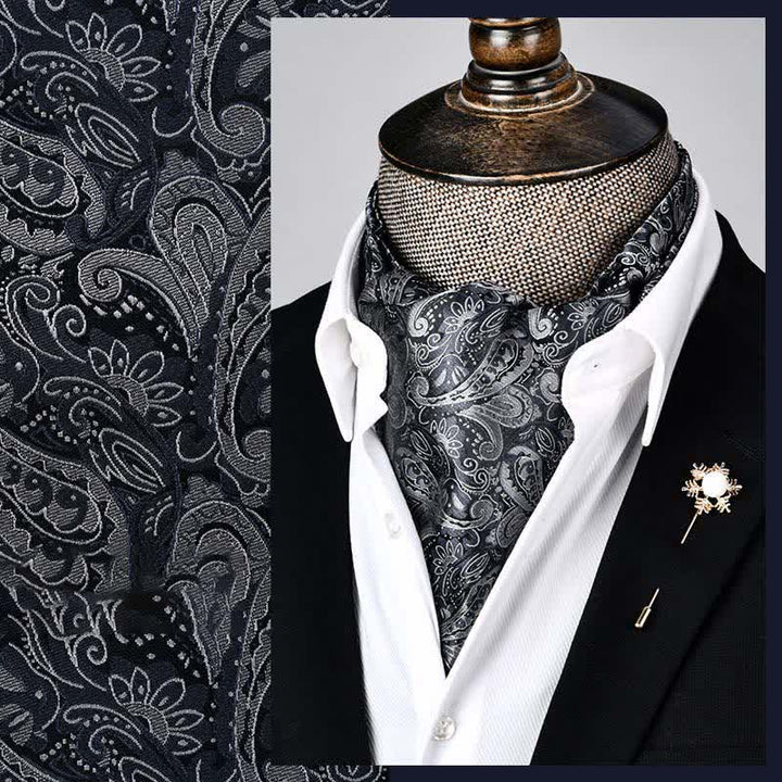 Corbata Ascot con estampado floral y cachemir en blanco y negro