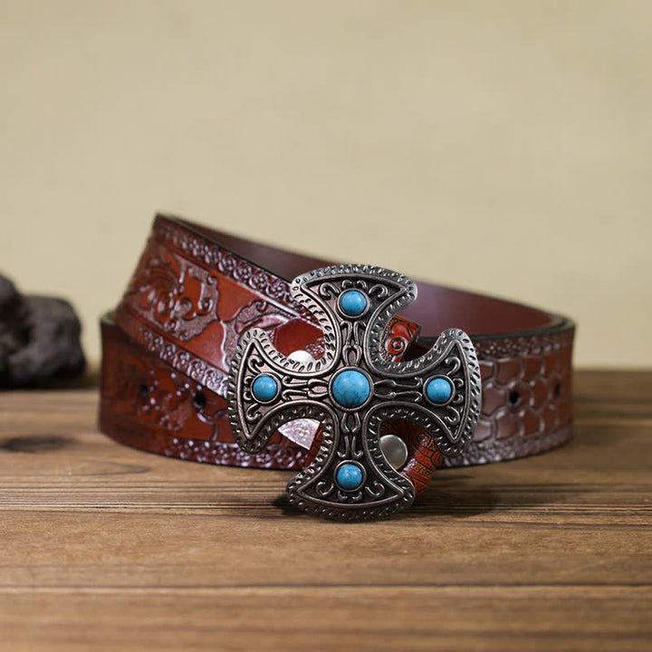 Cinturón de cuero con hebilla de cruz de piedra turquesa retro para hombre hecho a mano