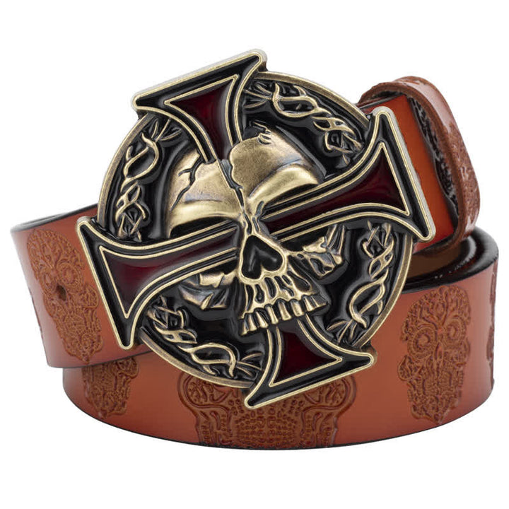 Cinturón de cuero con estampado de calavera en relieve para hombre