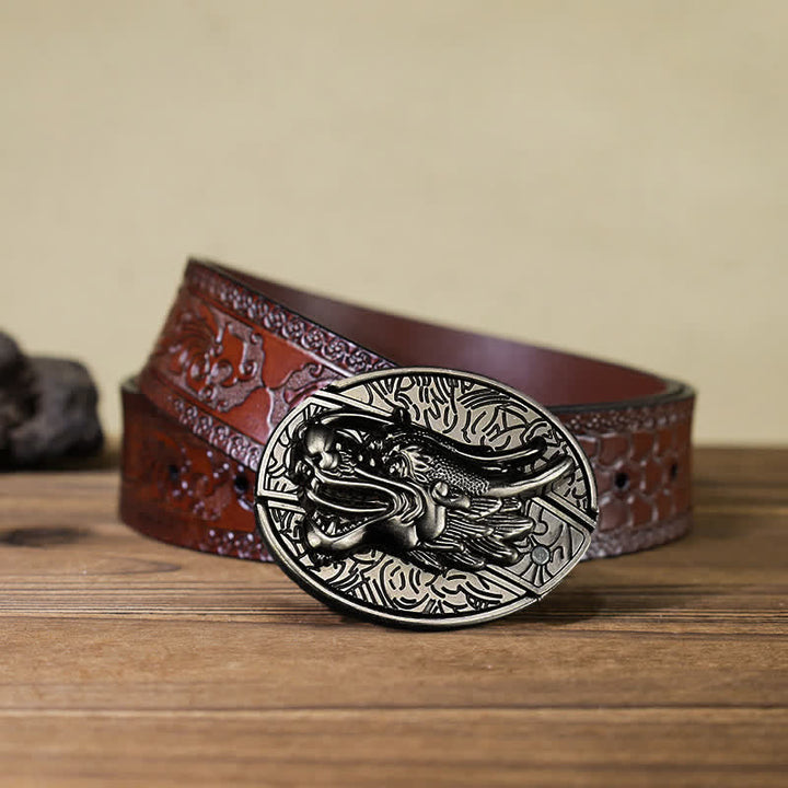 Cinturón de cuero con cuchillo plegable oculto con cabeza de dragón para hombre