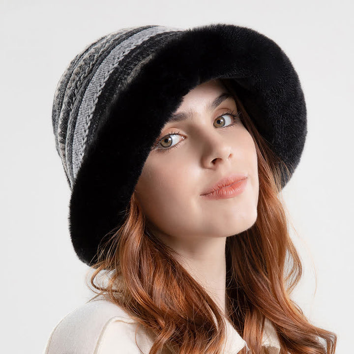 Sombrero de pescador con ala de felpa cálida y rayas para mujer