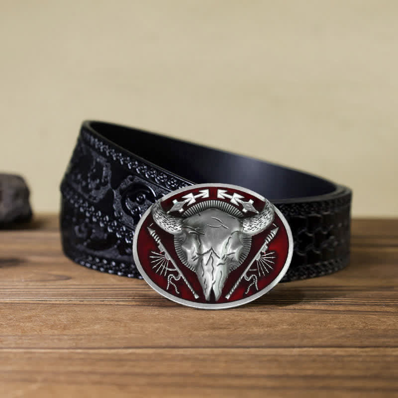 Cinturón de cuero con hebilla de calavera de toro con temática india para hombre hecho a mano