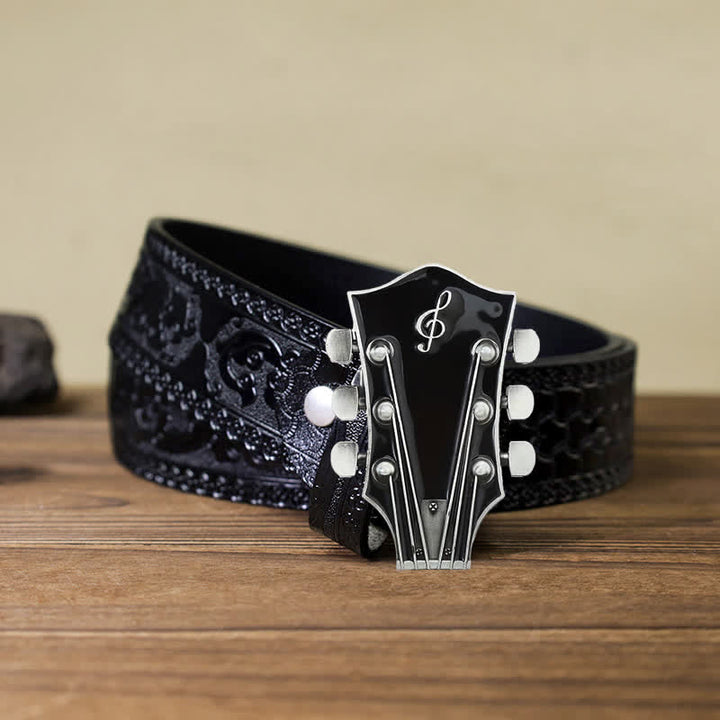 Cinturón de cuero con hebilla de clavijero de guitarra musical para hombre hecho a mano