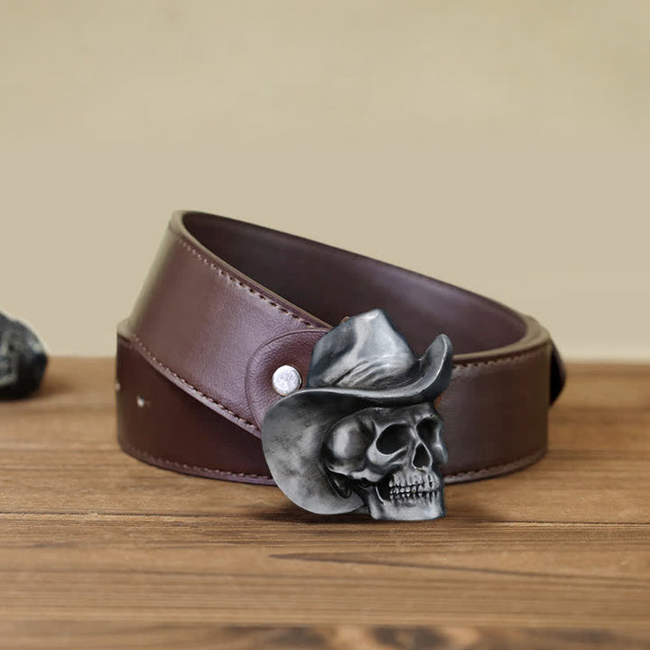 Cinturón de cuero con hebilla de sombrero y cabeza de calavera para hombre, hecho a mano