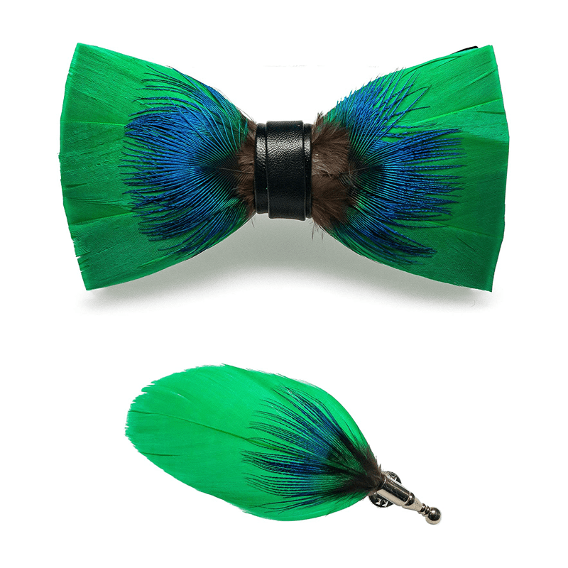 Pajarita con plumas azules y verdes para niños con broche de solapa