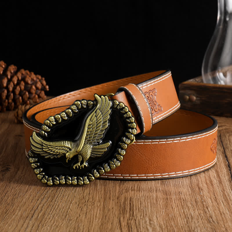 Cinturón de cuero con águila dorada antigua y halcón volador para hombre