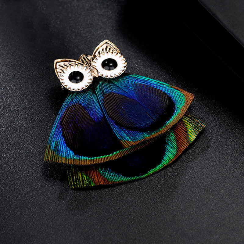 Precioso broche de plumas de pavo real y búho para mujer