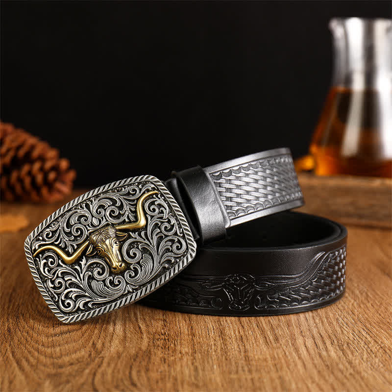 Cinturón de cuero con hebilla de toro cuadrada y flor para hombre - Negro / Plata - 38 - image 0